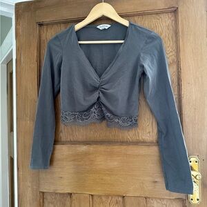 Gray Lace Trim V-Neck Women's Top